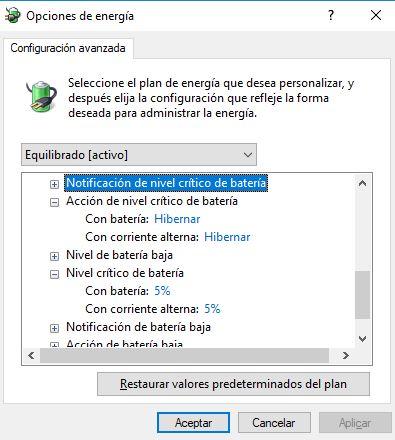 Configuración calibrado batería en Windows 10