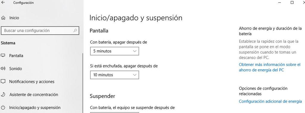 Opciones de sistema en Windows 10