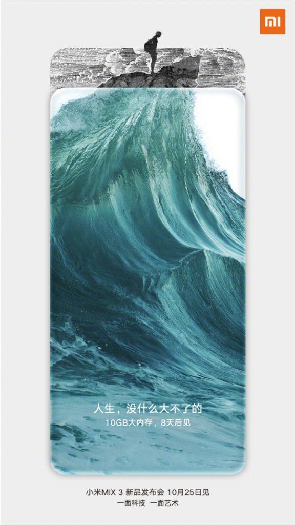 Póster oficla muestra Xiaomi Mi Mix 3 con 10 GB de RAM