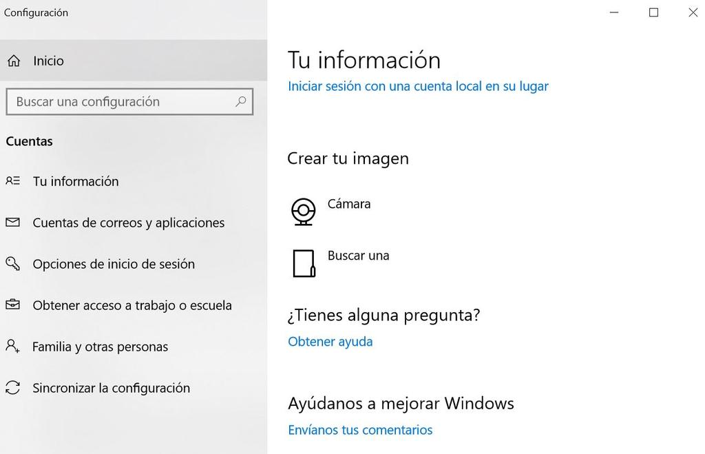 Opciones cuenta para cambiar imagen en Windows 10
