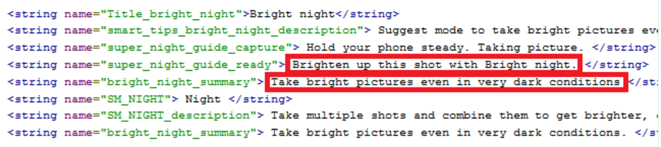 Código donde se ve el nuevo Bright Night del Samsung Galaxy S10