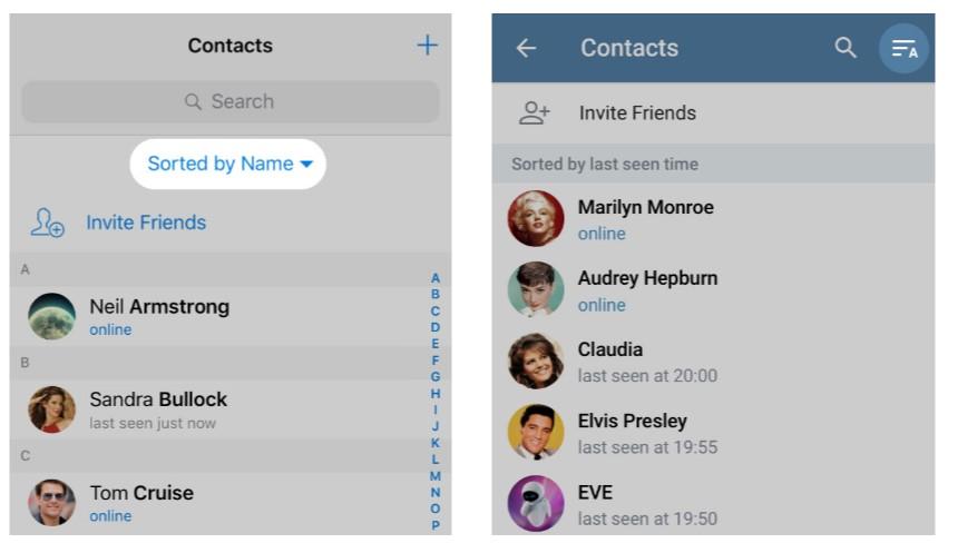 Nueva forma de ordenar contactos en Telegram 5.2
