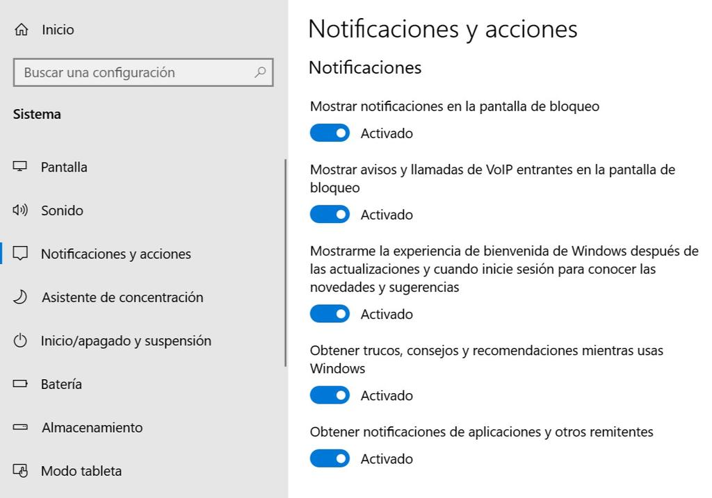 Notificaciones gestión en Windows 10