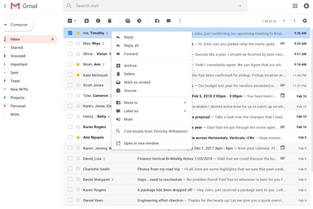 Nuevas opciones menú contextual Gmail