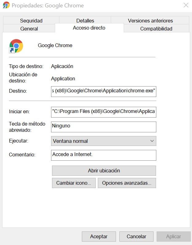 Acciones en el acceso directo de Google Chrome