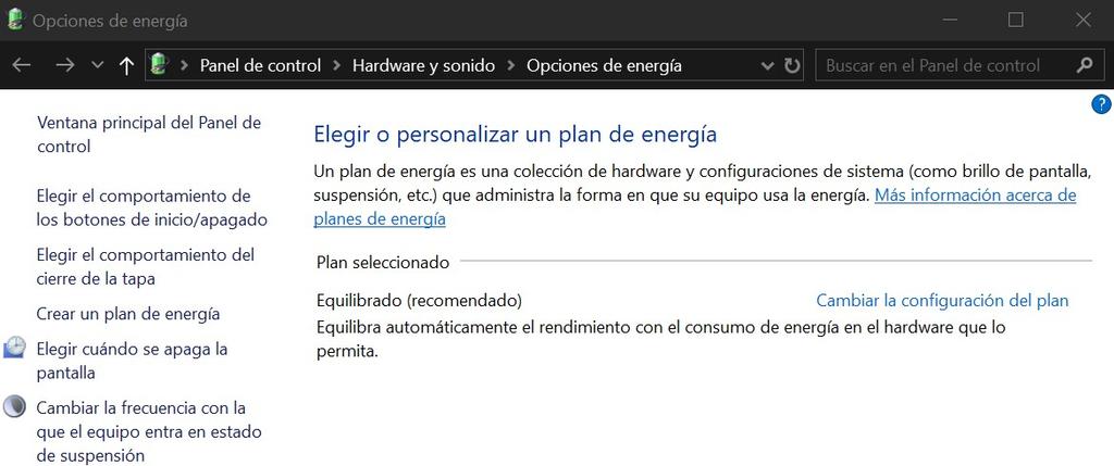 Opciones de energía en Windows 10