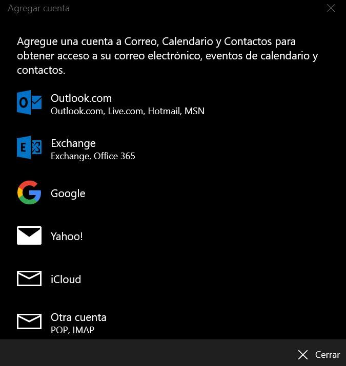 Añadir cuenta en Mail de Windows 10