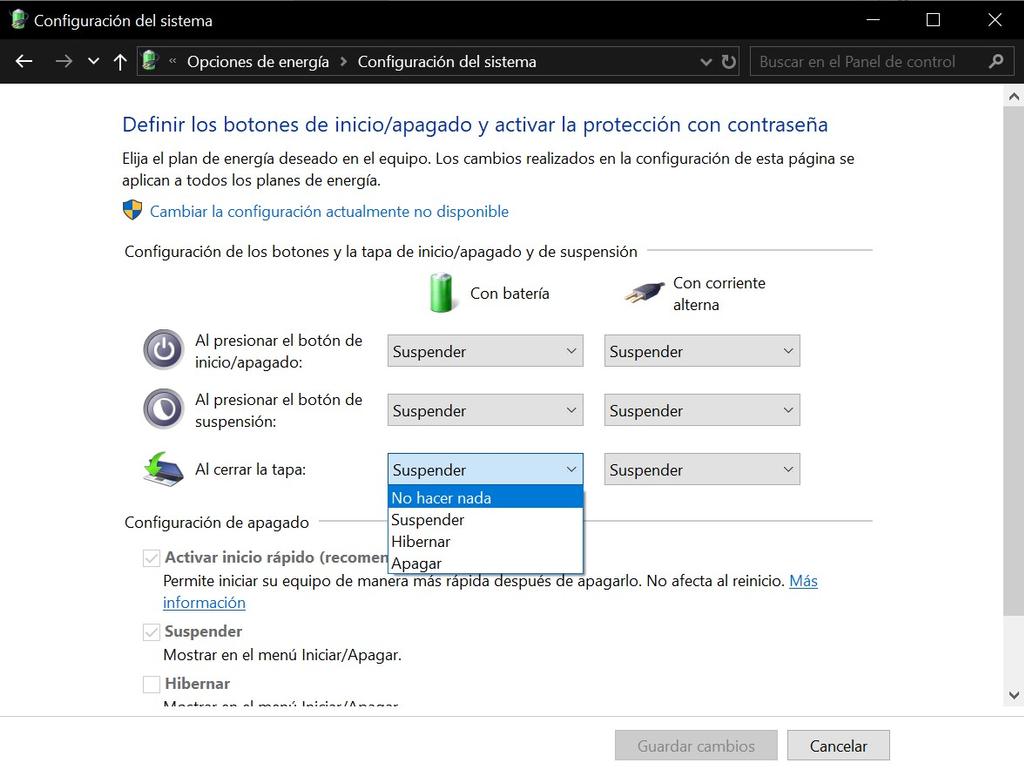Configuración de las opciones de energía en Windows 10