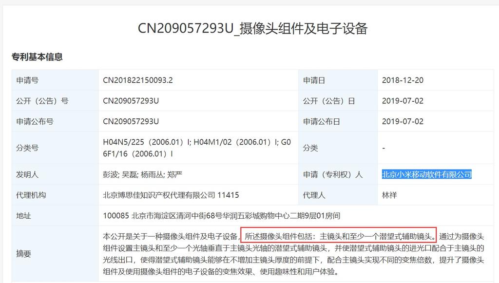 Patente lente periscopio de Xiaomi