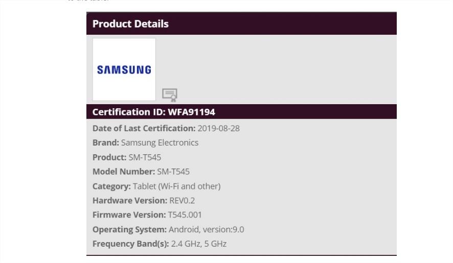 Certificación de la tablet Samsung SM T545