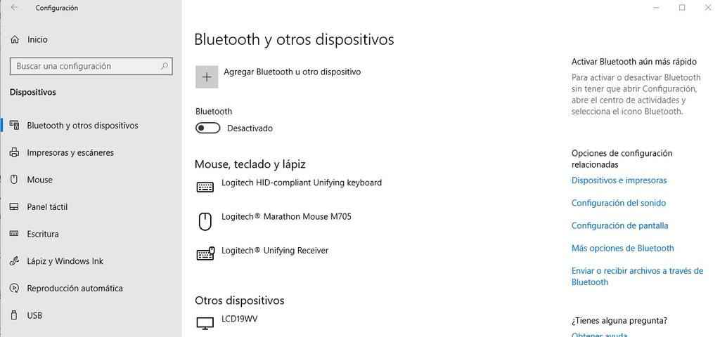 Opciones Bluetooth en Windows 10