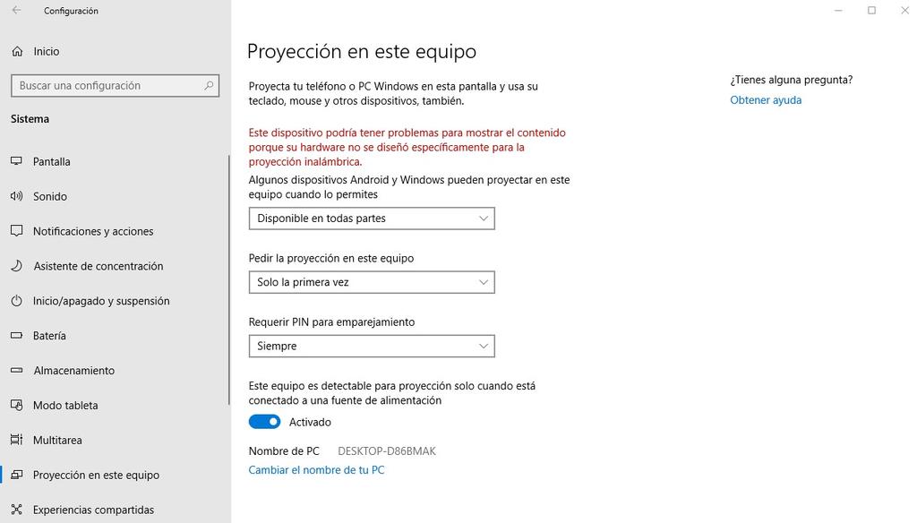 Configuración recepción imagen en Windows 10