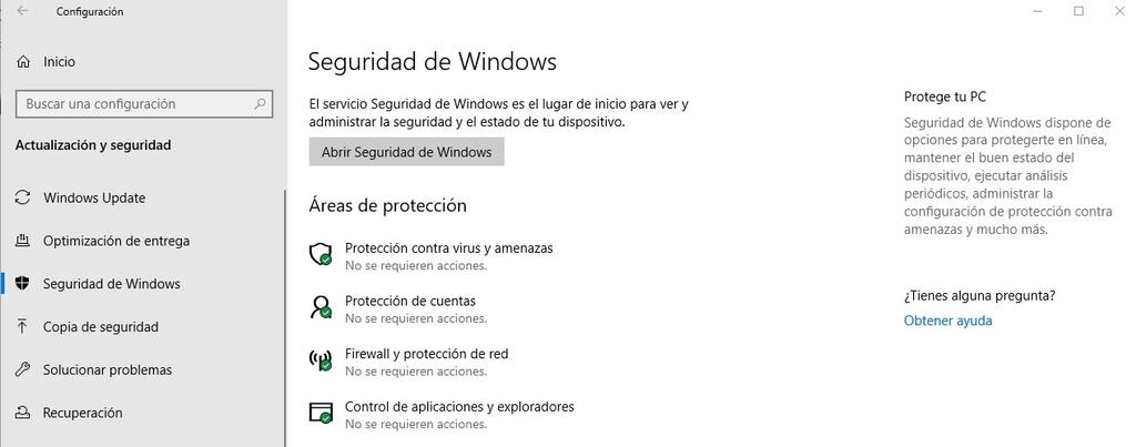 Opciones de seguridad en Windows 10